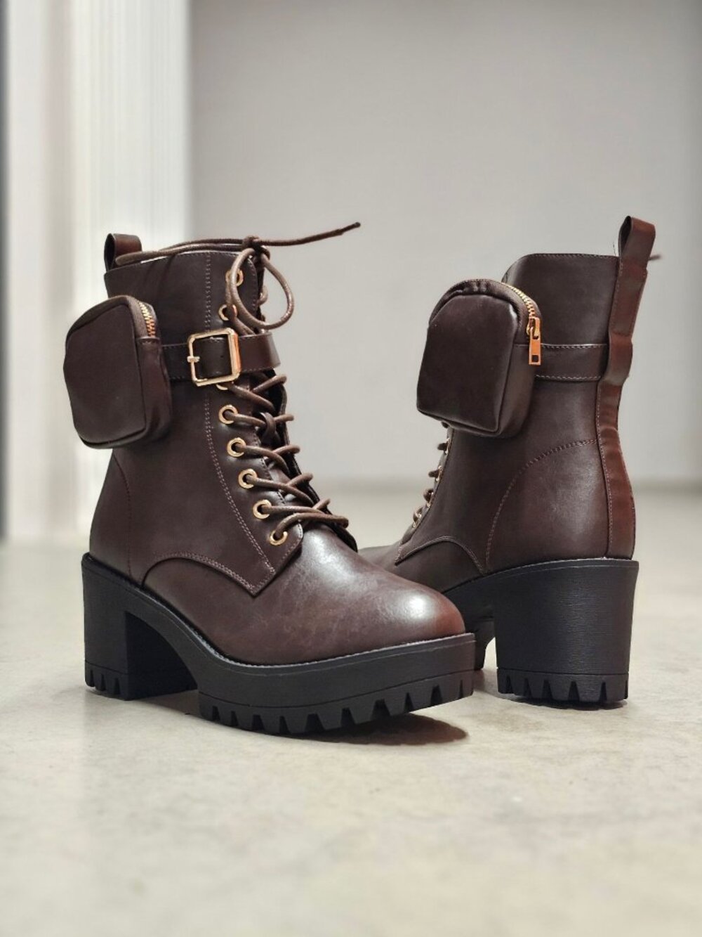 Brown Combat Boots With Chunky Heel & Detachable Side Pouches